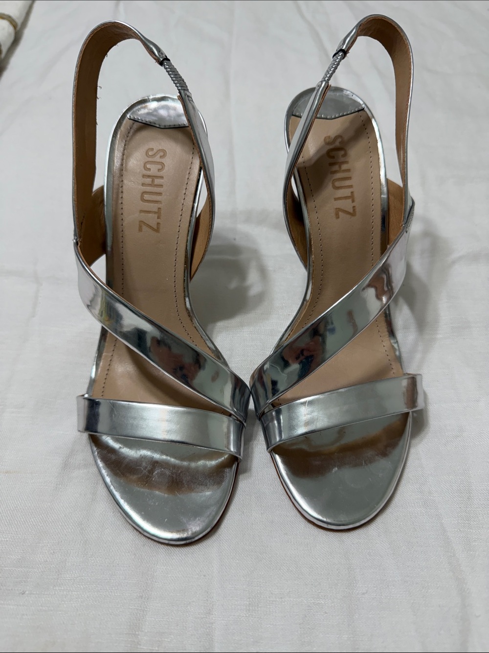 SCHUTZ Silver Metallic Slingback Heeled Sandals